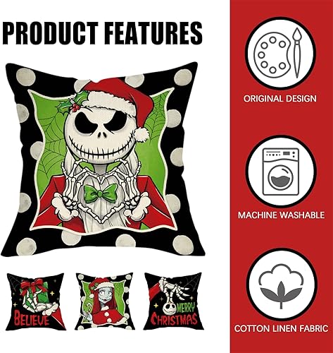 Miniatura 3 de Fahrendom Merry Christmas Believe - Juego de 4 fundas de almohada decorativas de 18 x 18 pulgadas, regalo de Navidad, color negro y verde, funda de