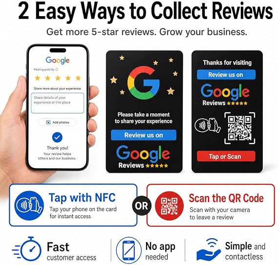 NFC&QRコード付きレビューカード - タップまたはスキャンしてカスタマーフィードバックを得る - カスタマーレビューを後押し- iPhone&Android対応 - アプリなし、字幕なしブラック
