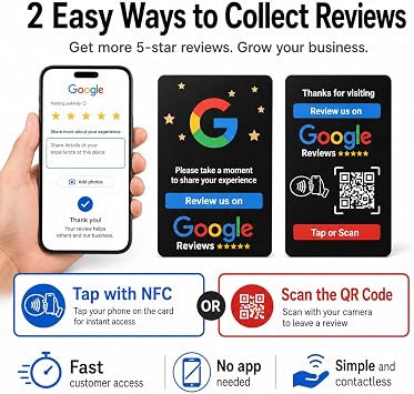NFC&QRコード付きレビューカード - タップまたはスキャンしてカスタマーフィードバックを得る - カスタマーレビューを後押し- iPhone&Android対応 - アプリなし、字幕なしブラック