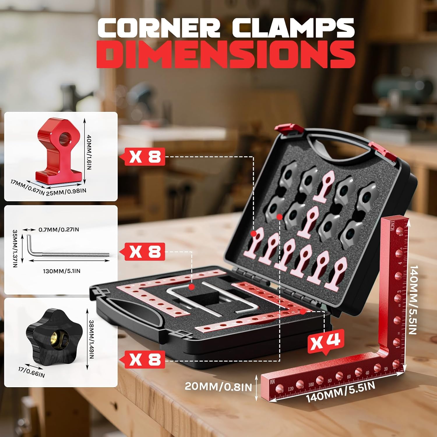 Corner Clamps for Woodworking, 4 Pcs 5.5" Aluminum Alloy 90° Right Angle Clamp Set, Precision L-Shaped Screws, Dual Scale Positioning Squares for Frames, Cabinets, Drawers & Boxes