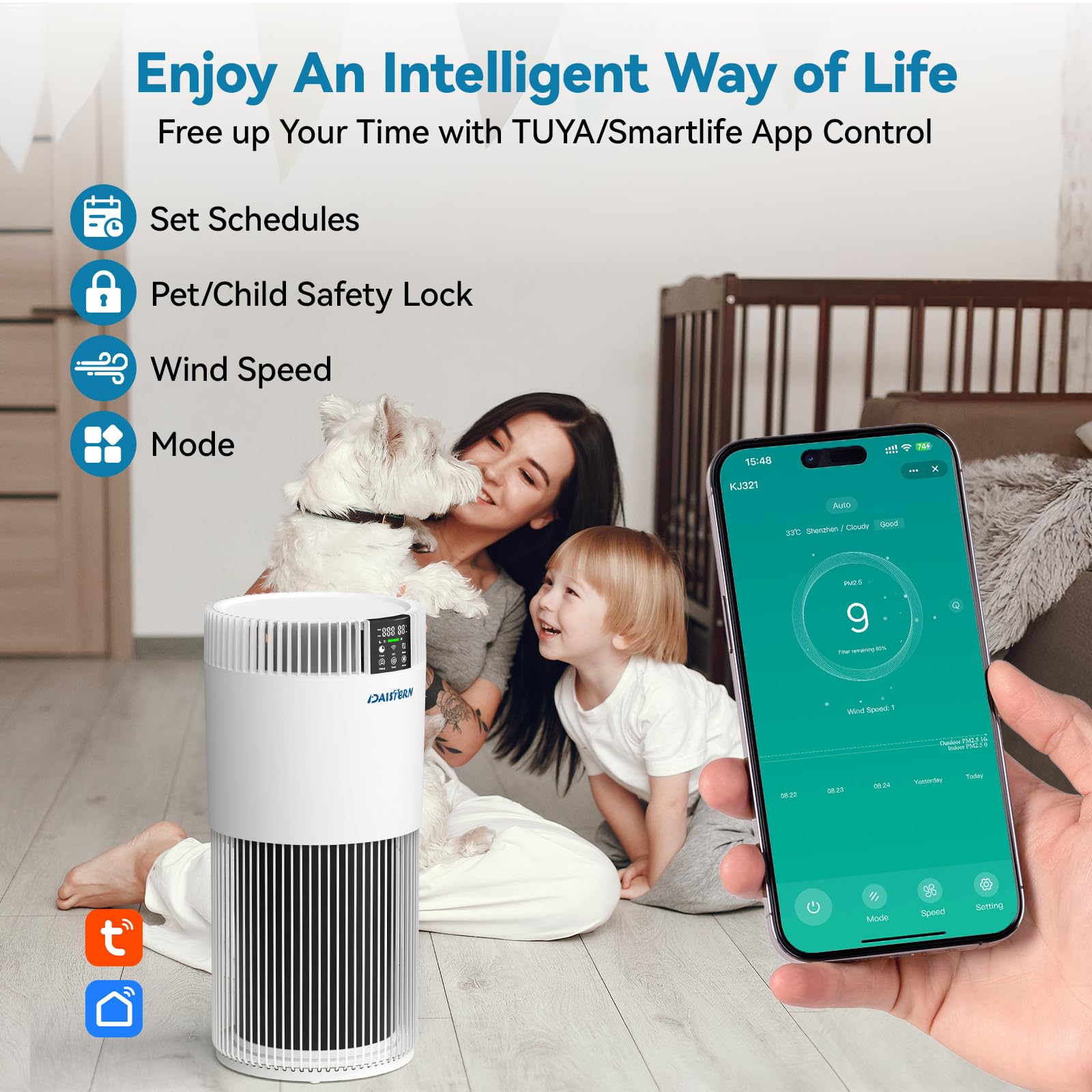 Inteligentny oczyszczacz powietrza WiFi dla zwierząt domowych do 78 ㎡ | Filtr HEPA H13, CADR 345 m³/h, usuwa sierść zwierząt, alergeny i zapachy, jonizator pyłków formaldehydu