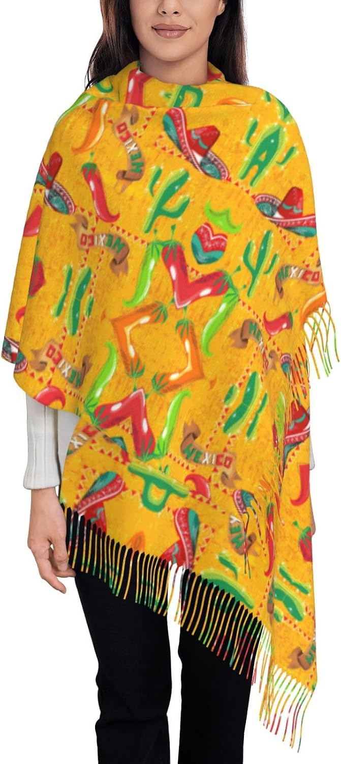 Cactus Hat And Chili Pepper Print Fashion Fringed Scarves Soft Feeling Lightweight To Any Outfit All Seasons Clothing Accessory image 3