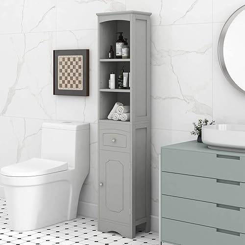 Armario de baño alto con estantes y cajón, torre de almacenamiento delgada con estantes ajustables, gabinete de baño estrecho, gabinete de lino para