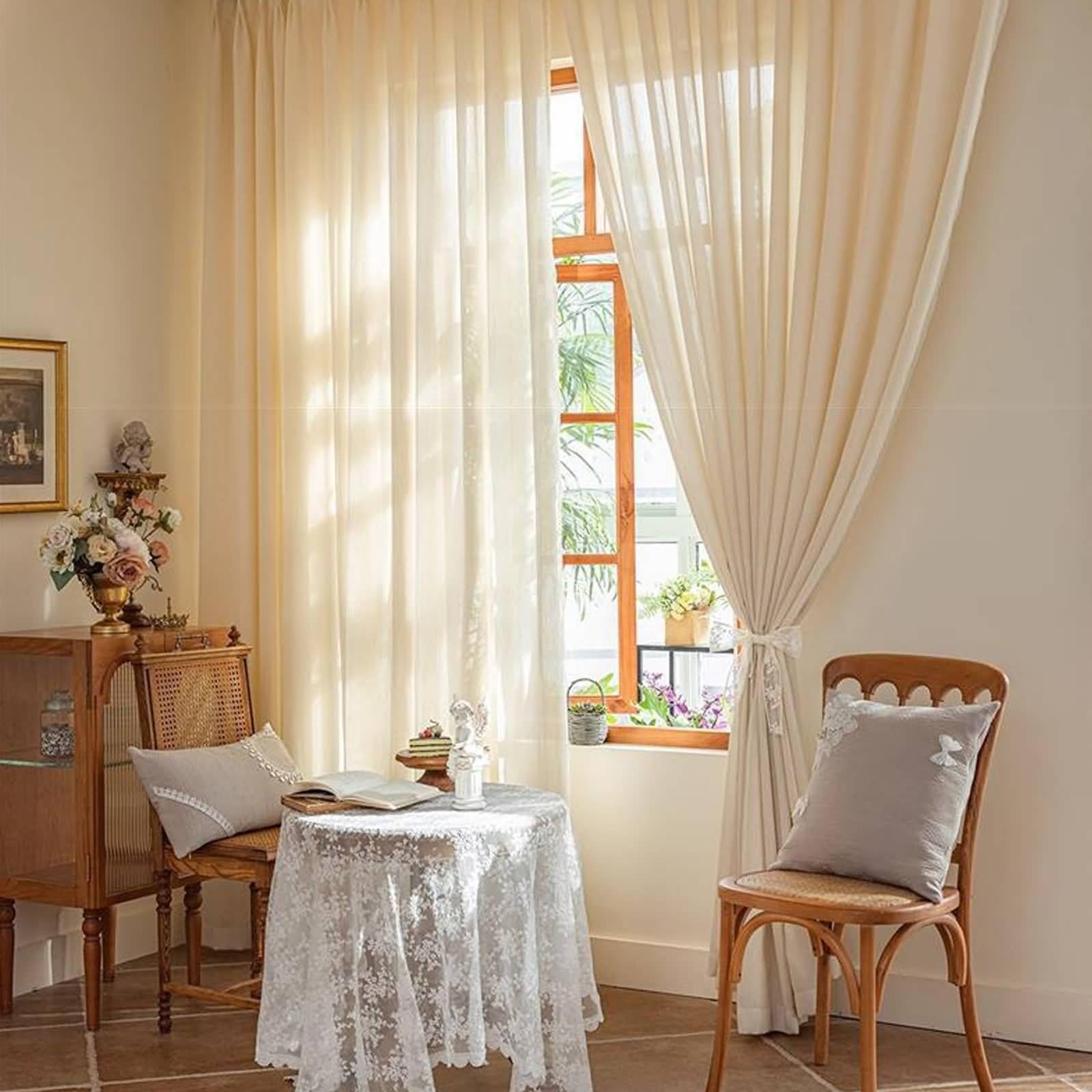 Rideau Salle de Bain Fenetre, Kit Rideau Salon Beige Couleur Unie avec Texture de Feuilles Polyester Lot de 2 86W x 138L cm