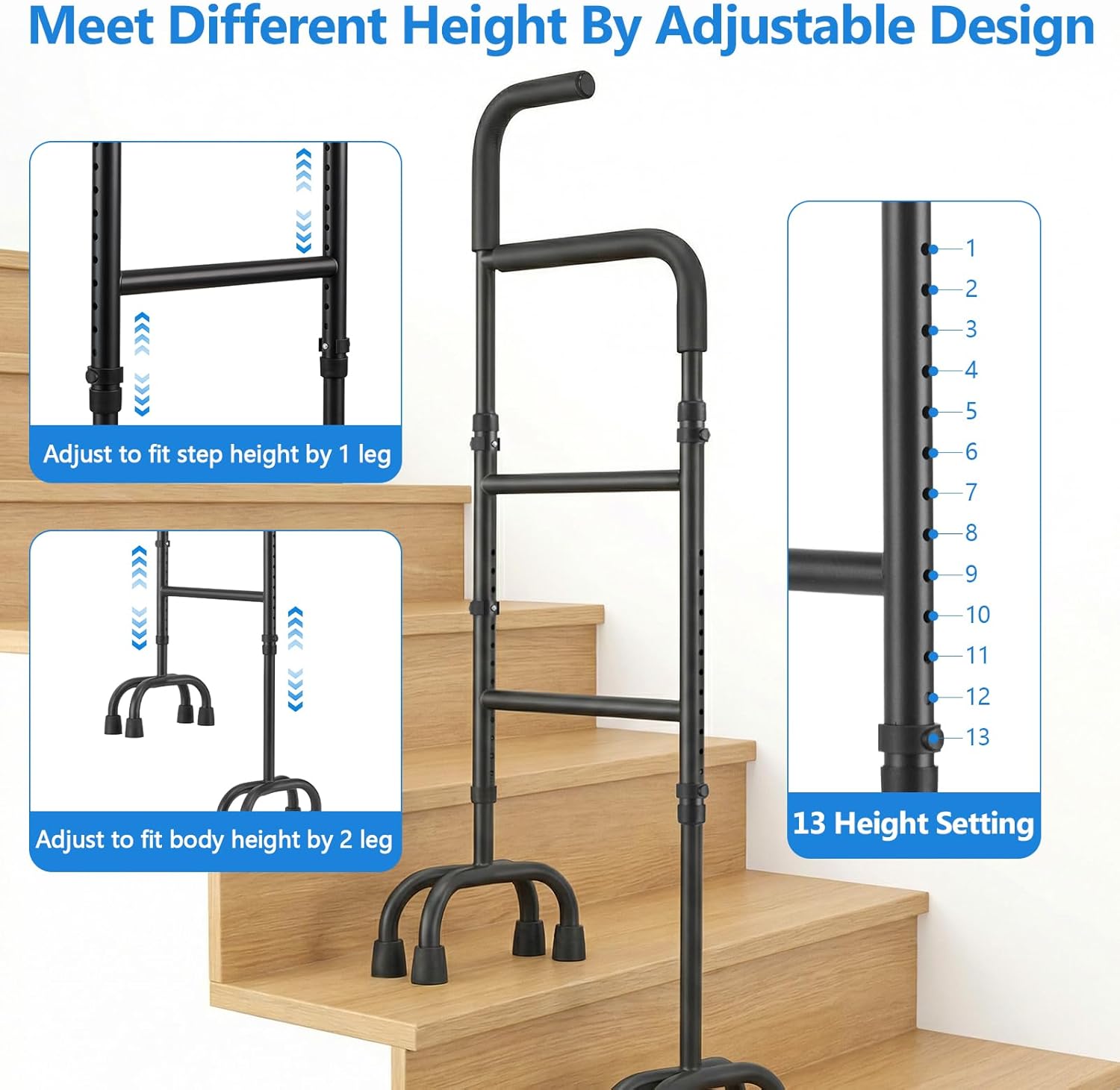 Stair Assist & Climbing Cane, 13-Level Adjustable with 8-Cylindrical Rubber Foot Pads & Ergonomic Handle, Carbon Steel Helper for Mobility Aids Users (Fits Stairs & Flat Surfaces)