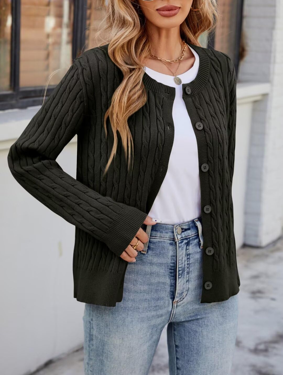 LEEDYA Women's Long Sleeve Cardigan Open Front Knit Cropped Sweaters Fall Color Block Button Down V Neck Lightweight Tops - Image 2