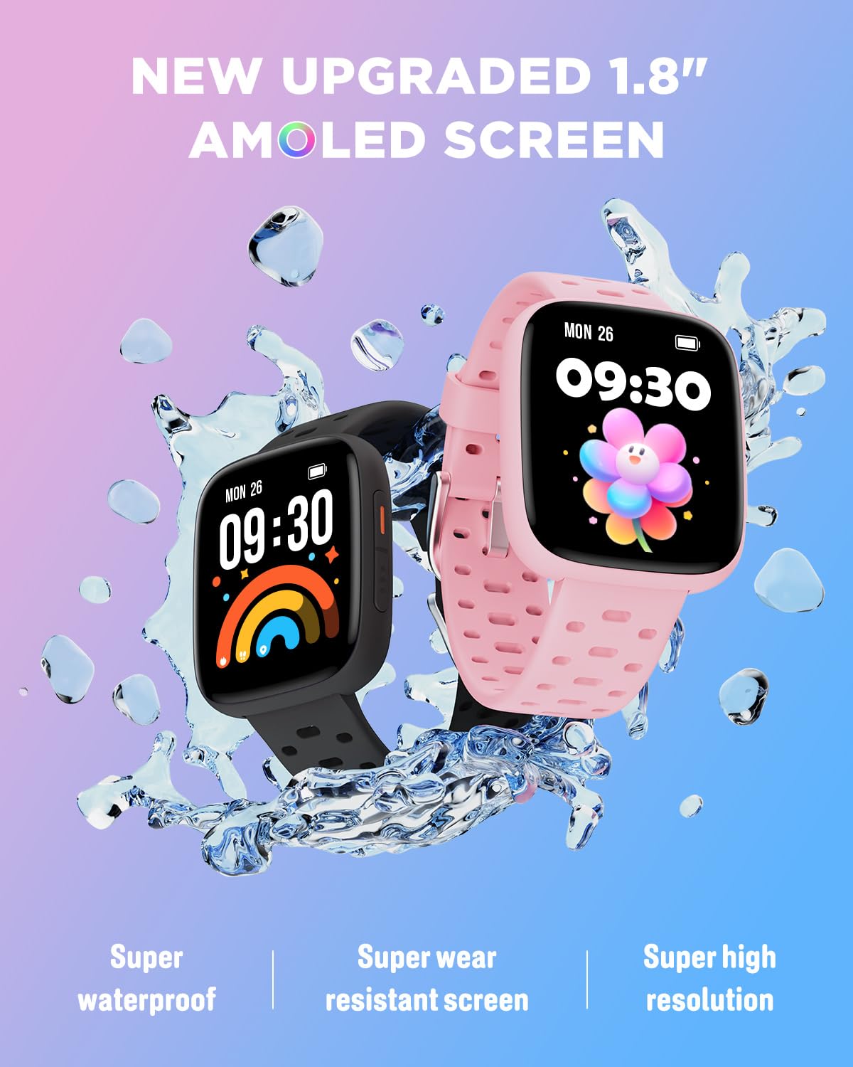 BIGGERFIVE Inteligentny zegarek dla dzieci, 1,8" Amoled Bransoletka aktywności | Krokomierz, tętno, wodoodporny 30m, monitor snu, budzik, gry z/bez aplikacji, różowy