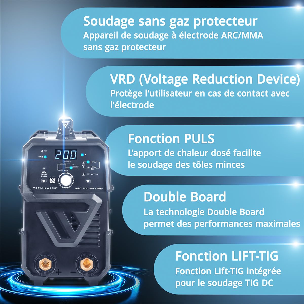 STAHLWERK Poste à souder à l'électrode ARC 200 Puls Pro – Soudage sans gaz, compact MMA, électrode, Inverter Lift-TIG de 200 A, Hot Start, Arc Force, Antistick, technologie IGBT, fonction Pulse