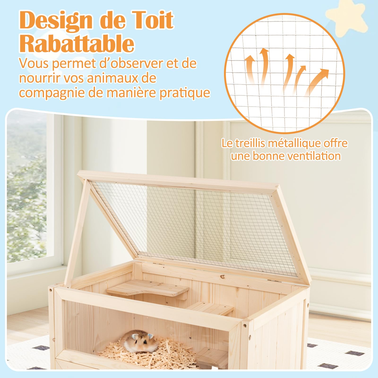 COSTWAY Cage Hamster en Bois, Cage pour Hamster, Toit Réversible, 5 Plateformes, Rampe, Rangement Inferieur, Panneau Acrylique, Porte Verrouillable, pour Poussin Lézards Cochon, 60 x 40 x 80 cm