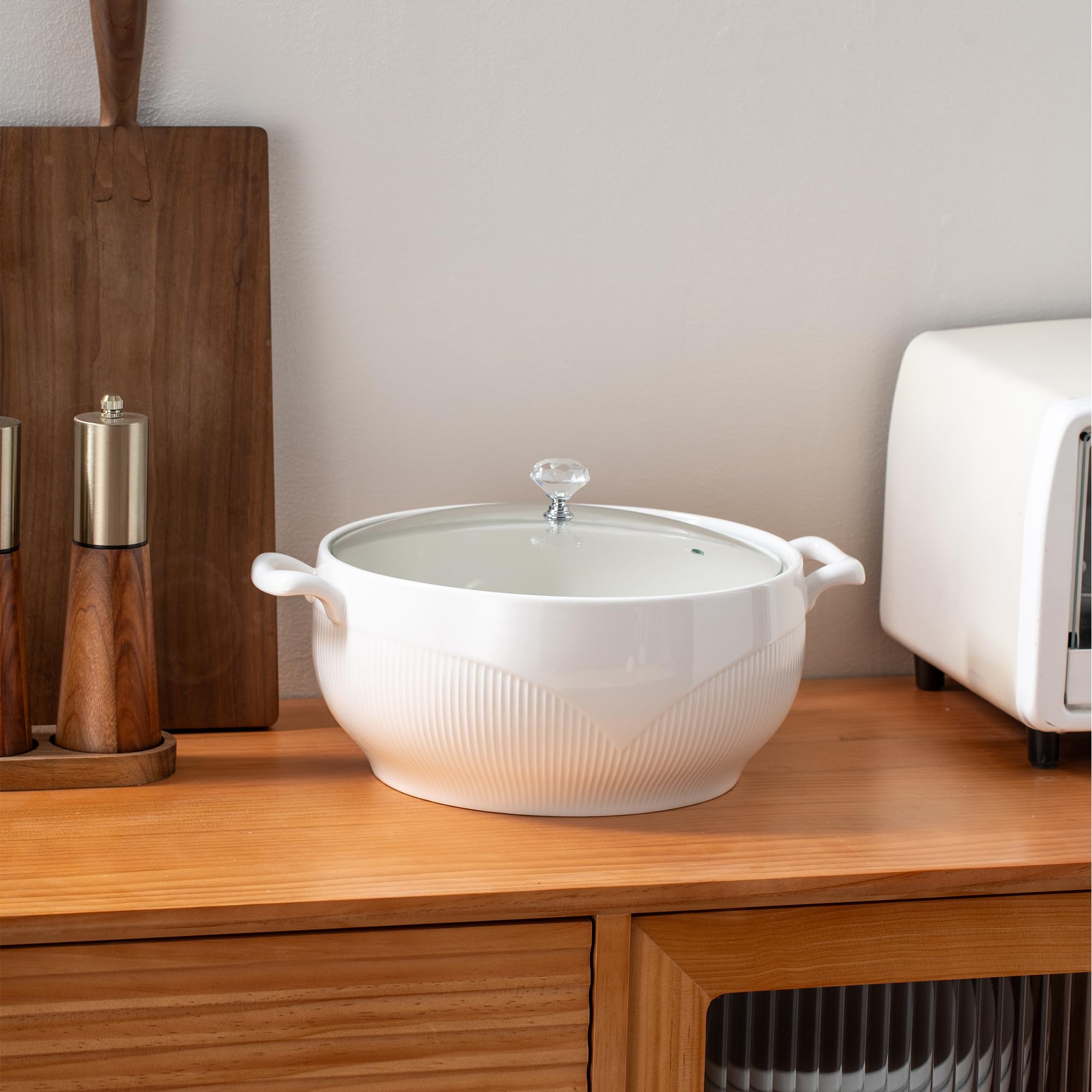 ceramiczna miska do zupy z pokrywką, pojemność 3,5 L, porcelanowa miska do zupy z dwoma uchwytami, odporna na kuchenkę mikrofalową, zmywarkę i piekarnik, kolor biały