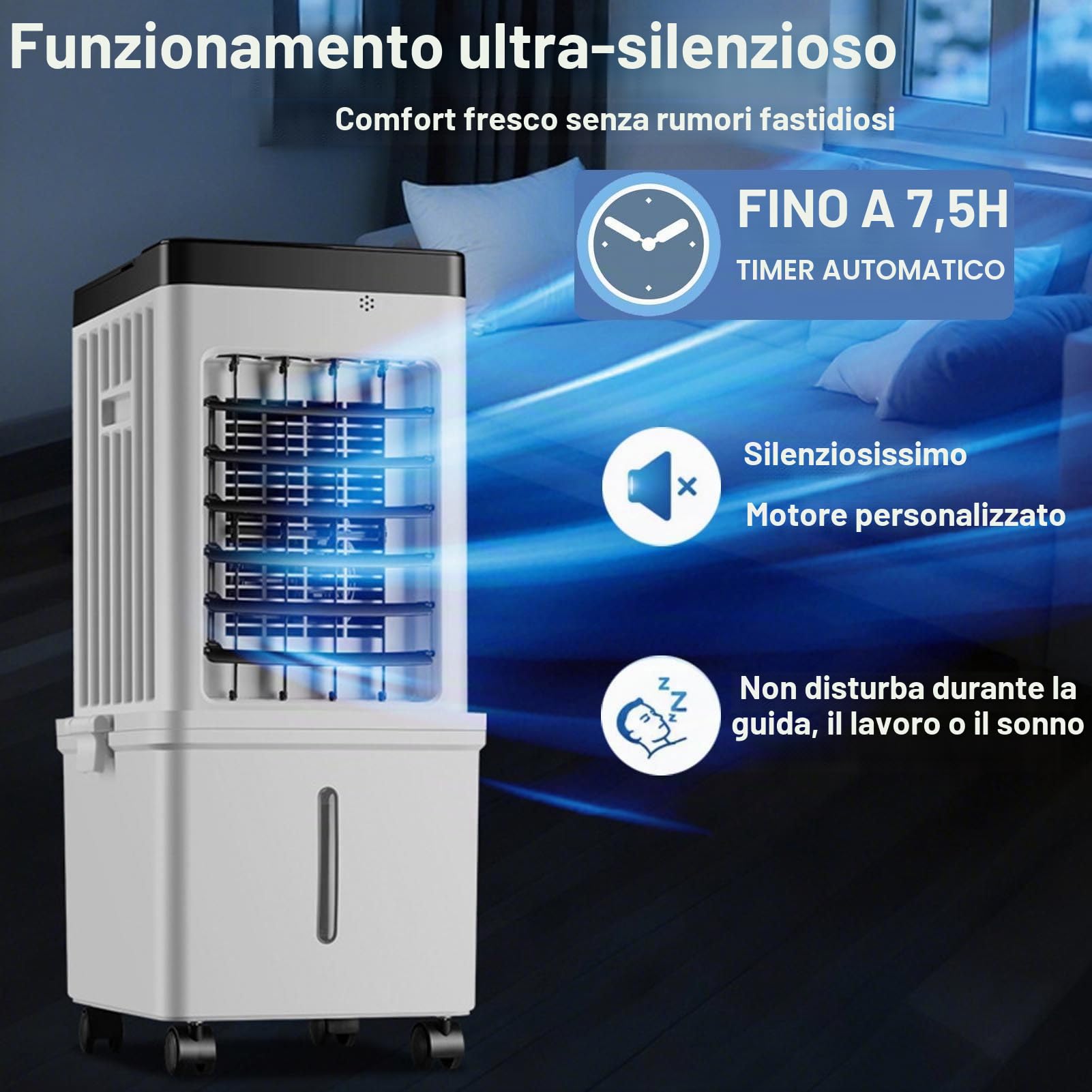 Climatizzatore Portatile 15L, Raffrescatore ad Aria (Senza Tubo Esterno), Ventilatore a Freddo con Telecomando, 3 velocità, Timer 7,5 Ore; per Camera da Letto e Garage