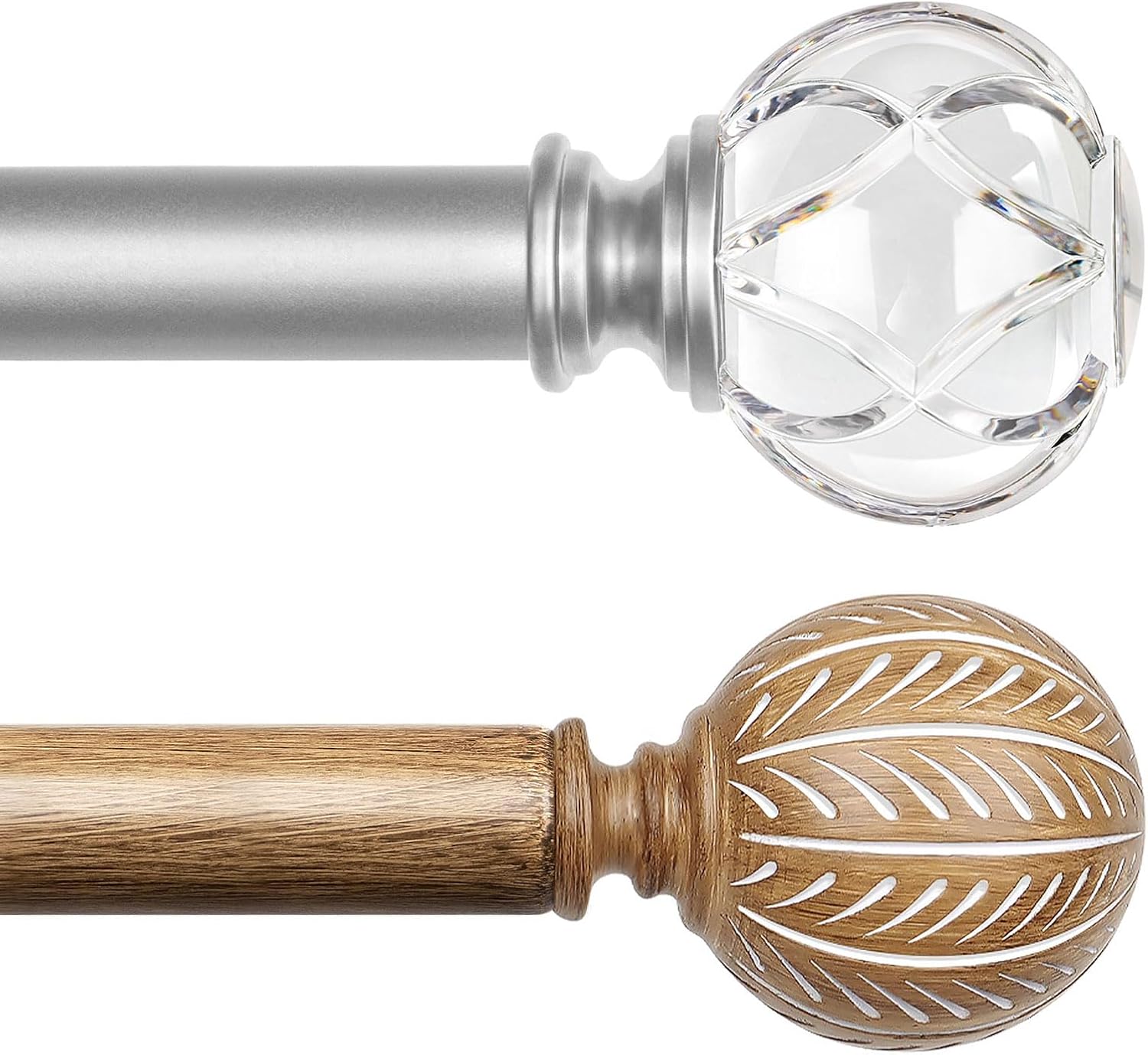 KAMANINA Curtain Rods for Windows 72 to 144 Inches (6-12ft) Long Heavy Duty Curtain Rods, Adjustable Decorative Drapery Rods Set with Leaf Pattern and Crystal Finials, Silver and Wood Grain