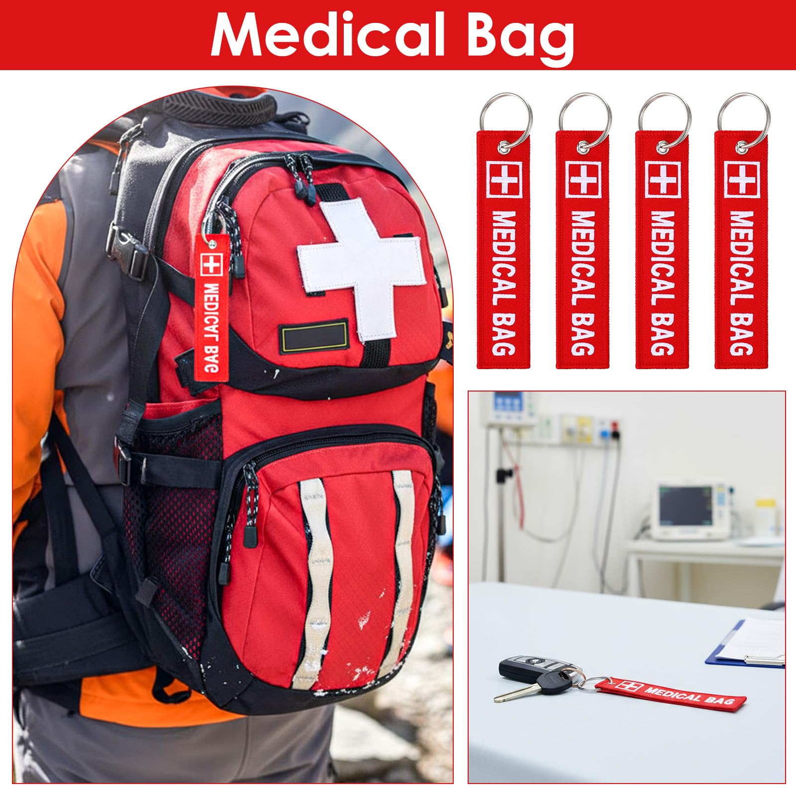 4 Stück Schlüsselanhänger Medical Bag, Rote Stickerei Doppelseitiger Gepäckanhänger Medical Bag für Gepäck Rucksäcke Handtaschen Outdoor Wandern
