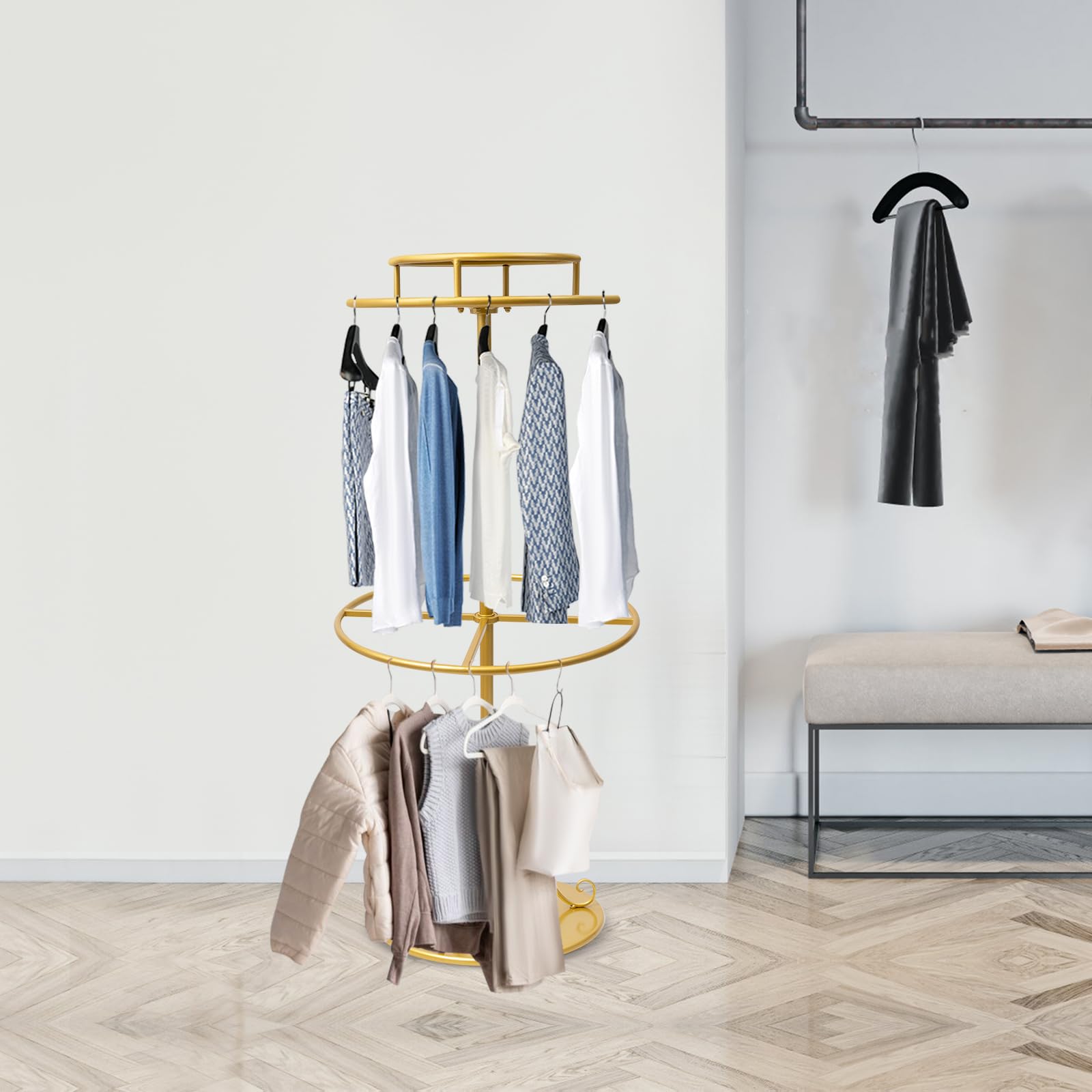 Philipreba 55in-height Rotatable Round Clothes Rack, 2-tier Retail Round Clothing Rack with 50lbs Loading, Floor-Standing Metal Circular Rack Rotating Garment Rack with Retail Display Table