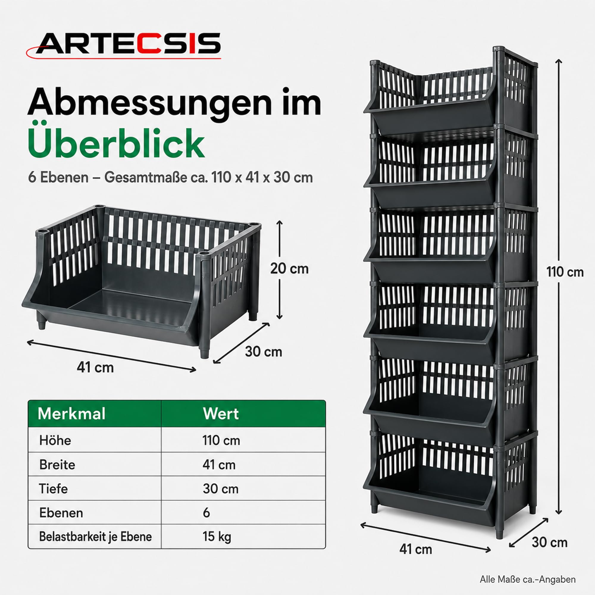 ARTECSIS® Korbregal aus Kunststoff mit 12 Körben stapelbar & modular erweiterbares Stecksystem schwarz 110cm hoch - Kellerregal & Vorratsregal für Lagerung - Abstellraum Steckregal & Lagerregal