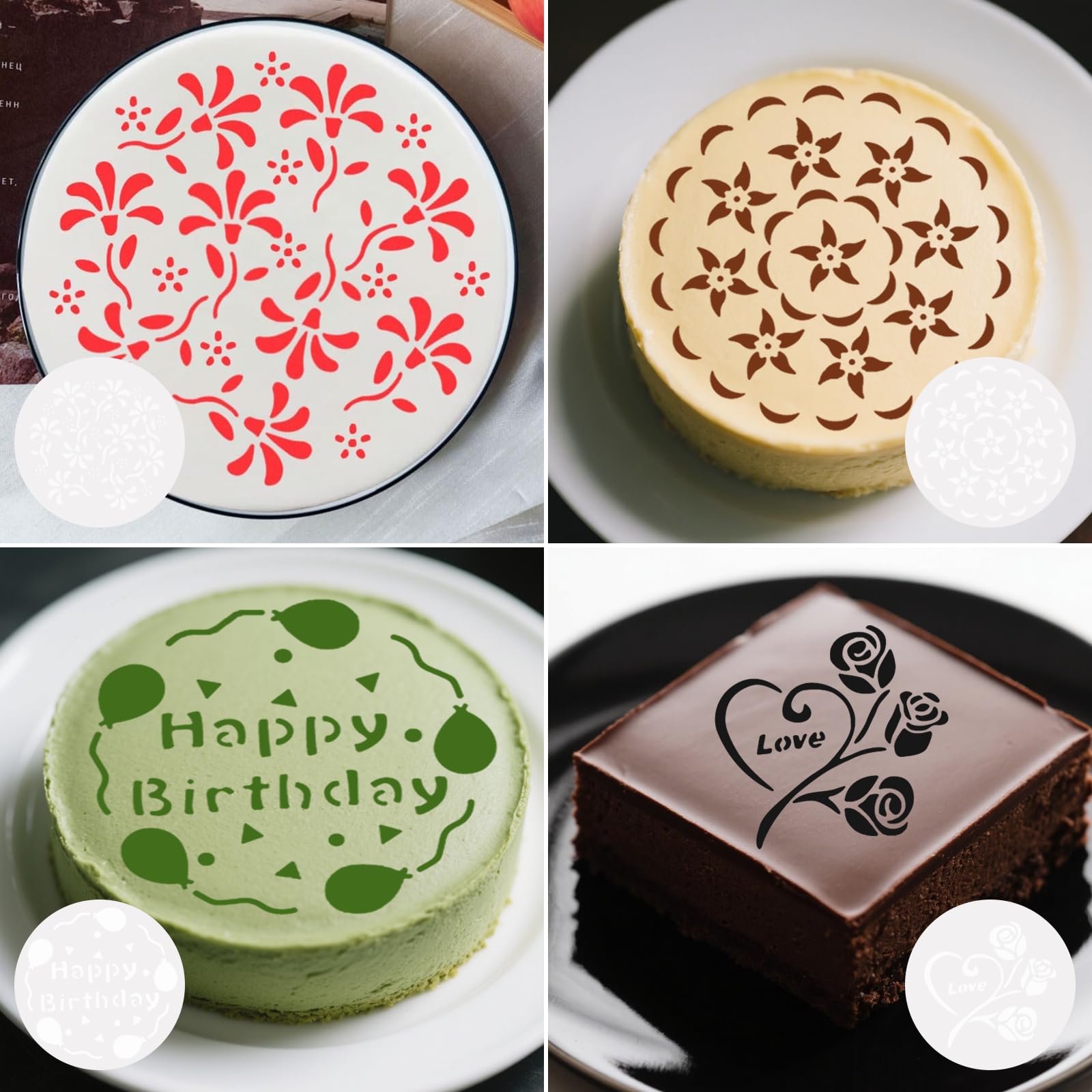6 Stencil Per Decorazione Torte - Riutilizzabili, 20,5 Cm, Motivi Compleanno E Cuori, Per Dolci Fai Da Te