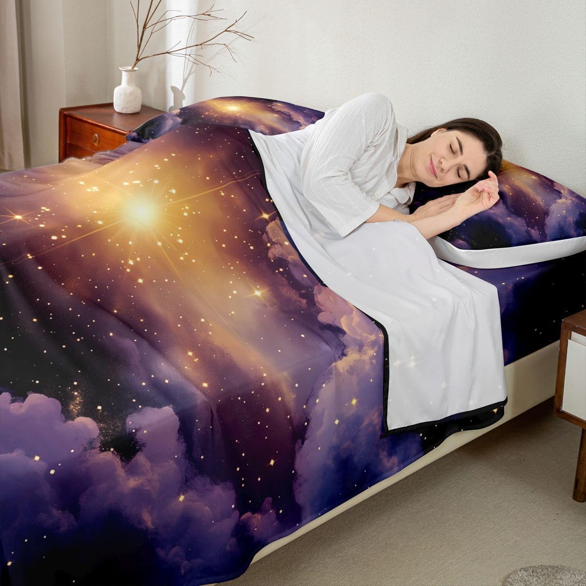 Outer Space Sheet Set Queen Size Kids Galaxy Universe Sheets with Deep Pocket Fitted Sheet for Boys Girls Teens Starry Space Outer Sky Bed Sheets Set Breathable Universe Cloud Bedding Set Room Decor