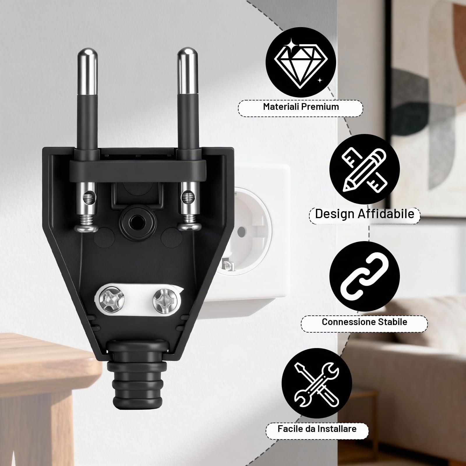 Starvortex 8 Pezzi Spine Europee Piatte, Spine Elettriche da 250V 2,5 A, Spine Piatta Salvaspazio con Cacciavite Incluso, Colore Nero. Adatte per Elettrodomestici e Uso in Viaggio