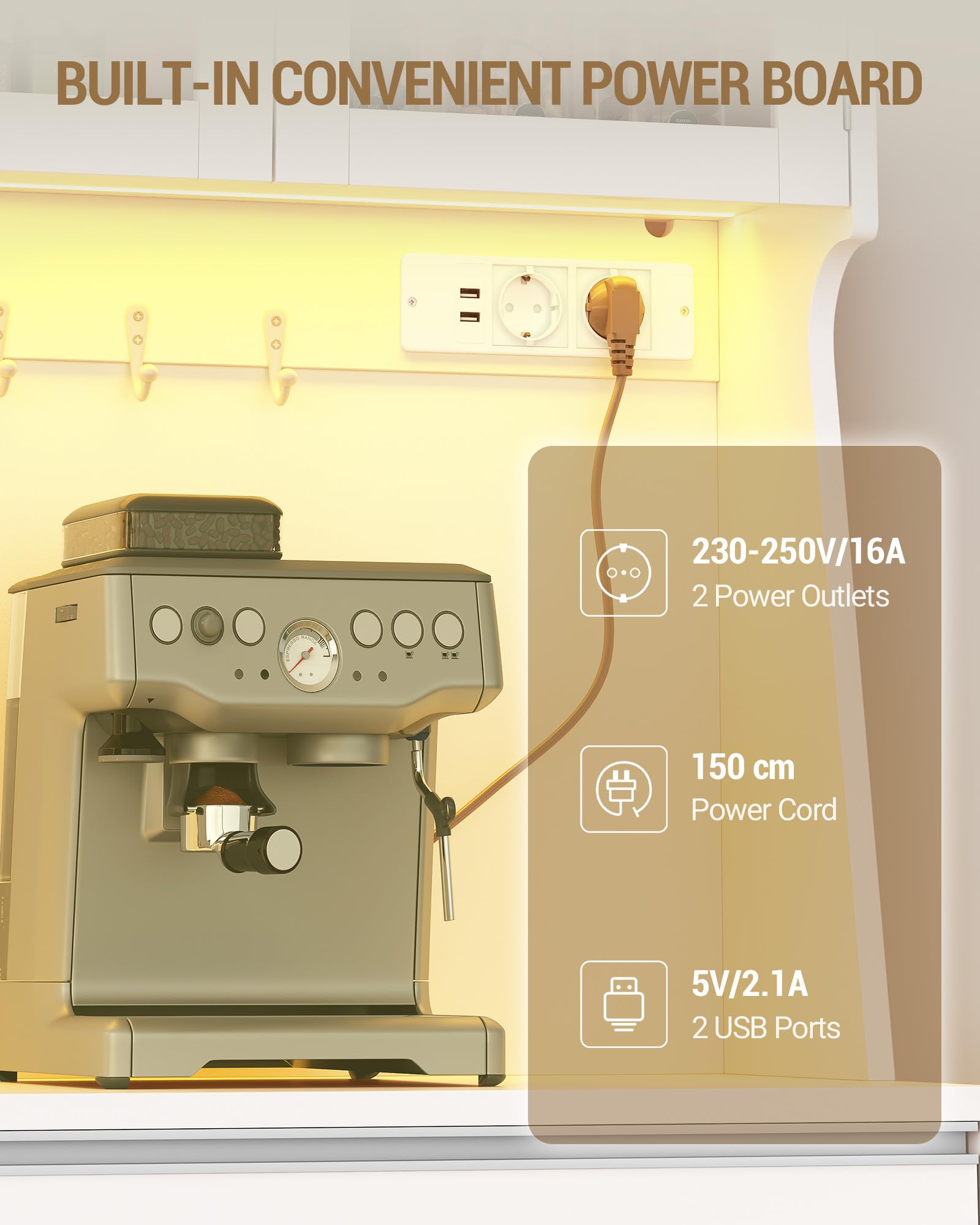 Hzuaneri Aparador Cocina, Armario de Cocina, Armario de Almacenamiento, con Regleta de Enchufes y Tira de Luz LED, Encimera y 4 Armarios de Almacenaje, Estantes Regulables, 40x75x180cm, Blanco