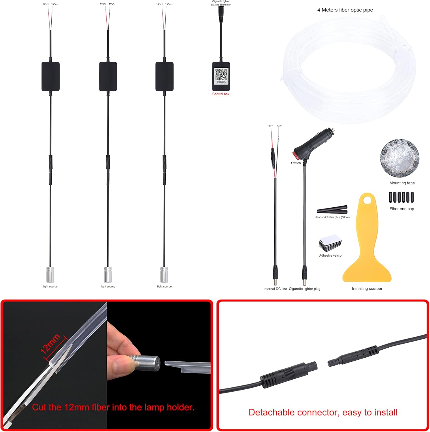 Car Interior Ambient Lighting Optic Fiber Cable RGB 64 Colors Multicoloured Music Car Footwell Lighting Kit with Cigarette Lighter and App Microphone, DC 12V-24V 1W 4m
