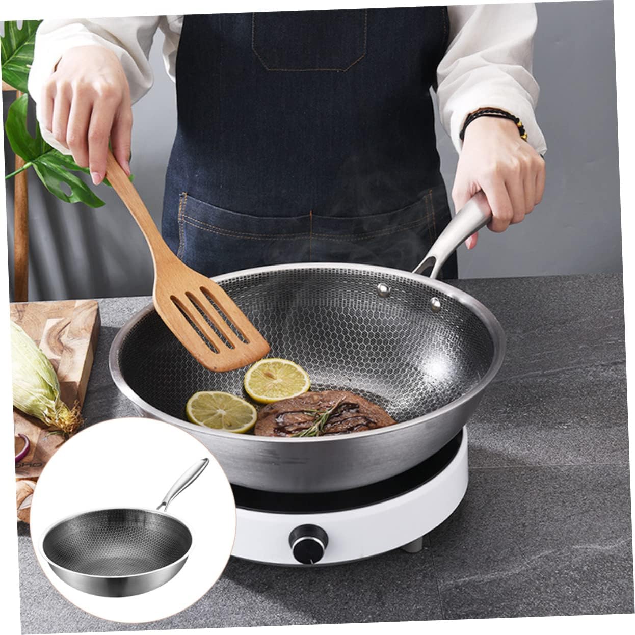 Stainless Steel Wok Stainless Steel Frying Pan Home Wok Pan Woks for Gas Stove Induction Stove Wok Woks Pan for Induction Stove Everyday Pan Chinese Wok Pan Grilling Pot