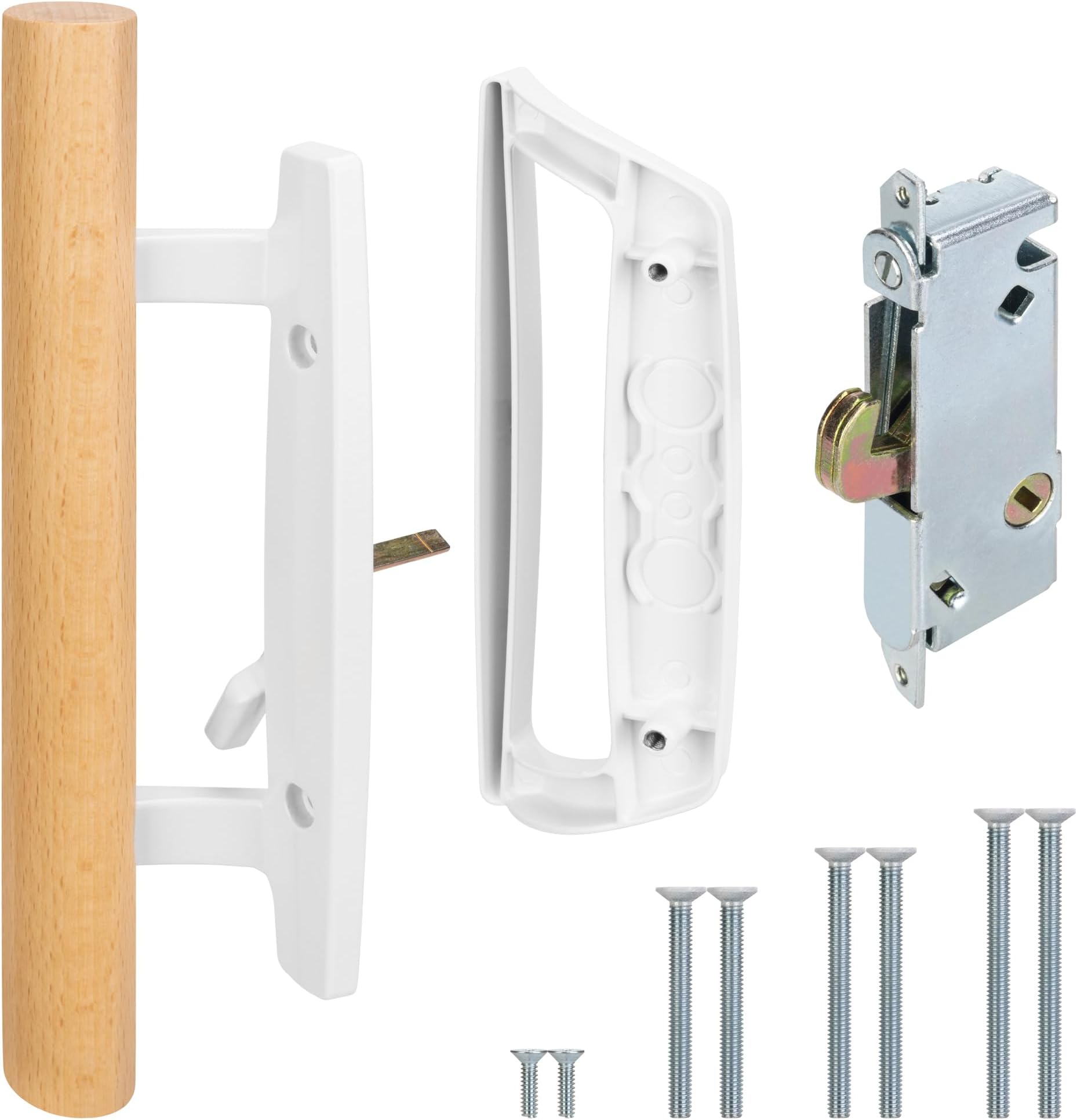 Sliding Patio Door Handle Set with Mortise Lock, Replacement Oak Wood Flush Handle & Exterior Pull in Diecast for Sliding Glass Door, Fits 3-15/16” Hole Spacing, Mortise Lock 45°, Non-Keyed, White