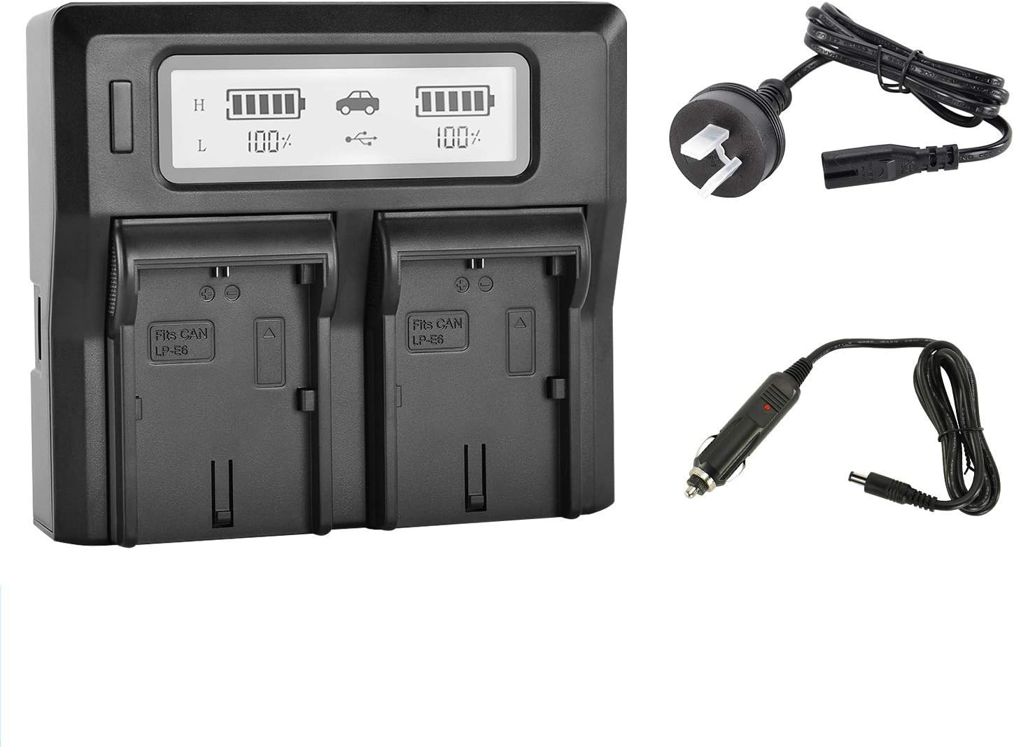 LP-E6 / LP-E6N LCD Dual Charger for Canon EOS 80D, EOS 70D, EOS 60D, EOS 60Da, EOS 6D Mark II, EOS R, 5D Mark III, EOS 5D Mark IV, EOS 5DS, EOS 5DS R, EOS 7D Series Digital Camera