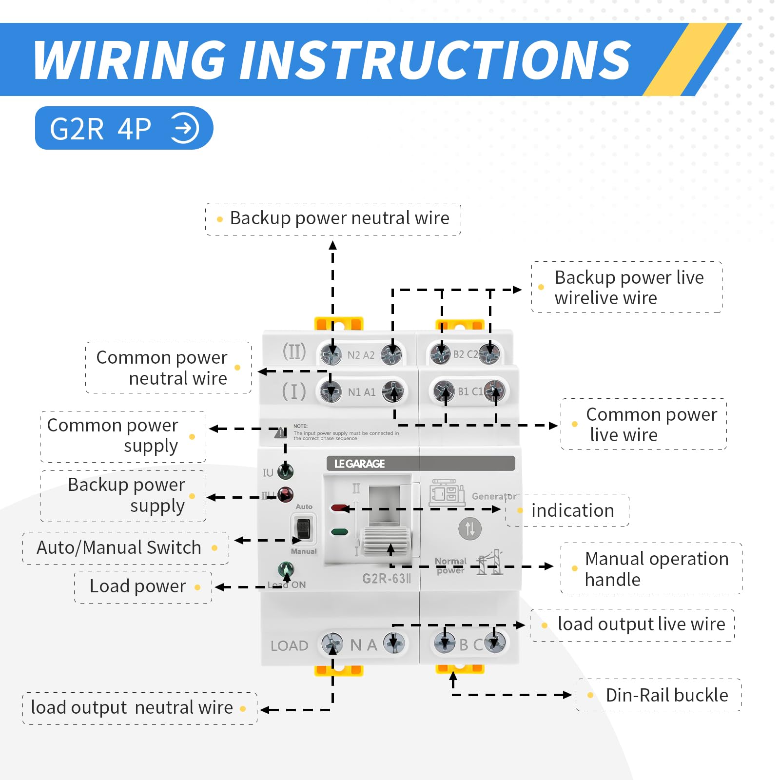 Interruptor de Transferencia Automática 4P 63A - ATS Doble Potencia 220V - Conmutador Ininterrumpido – Selector Eléctrico - Cambio Automático Red-Generador - Protección Hogar e Industria