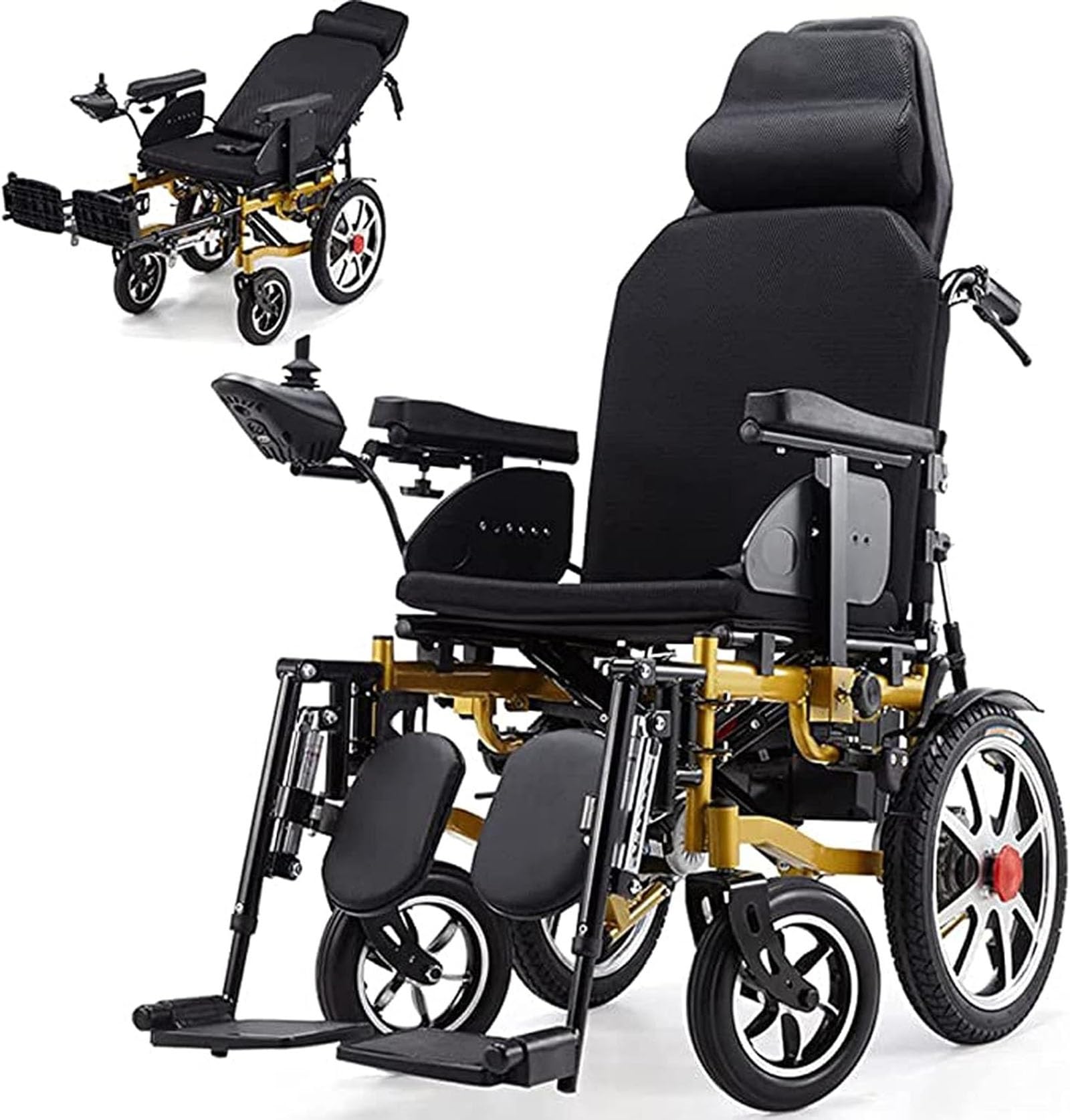 Sedia a rotelle elettrica con poggiatesta per adulti, tutte le sedie a rotelle motorizzate pieghevoli del terreno con seduta più ampia, confortevole può sdraiare la sedia a rotella a motore piatto