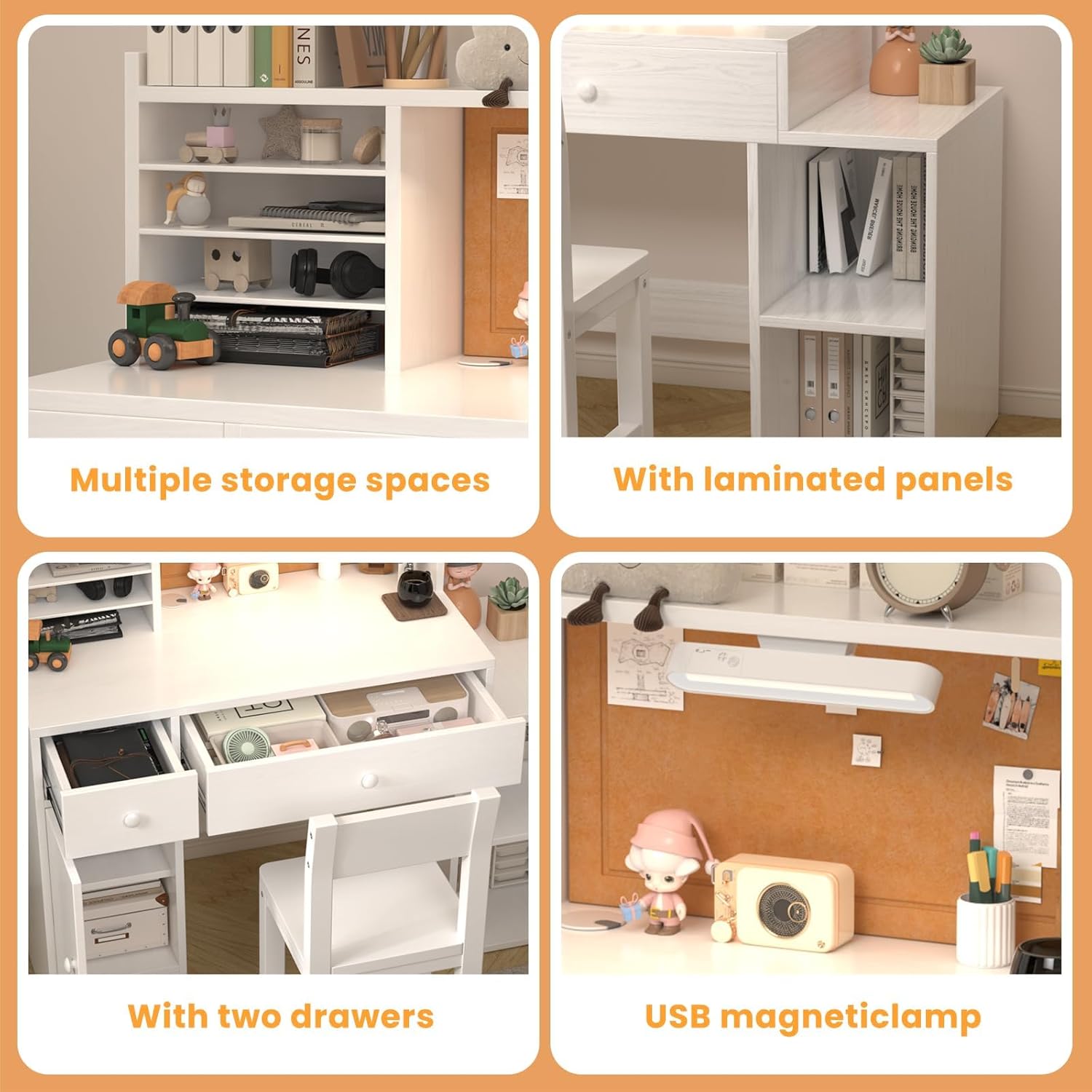Wooden Lvory White Kids Study Desk and Chair Set with Light, 2 Drawers and 4 Storage Cabinets, Children Desk with Hutch and Shelves, Girls Study Desks for Kids Bedroom-001