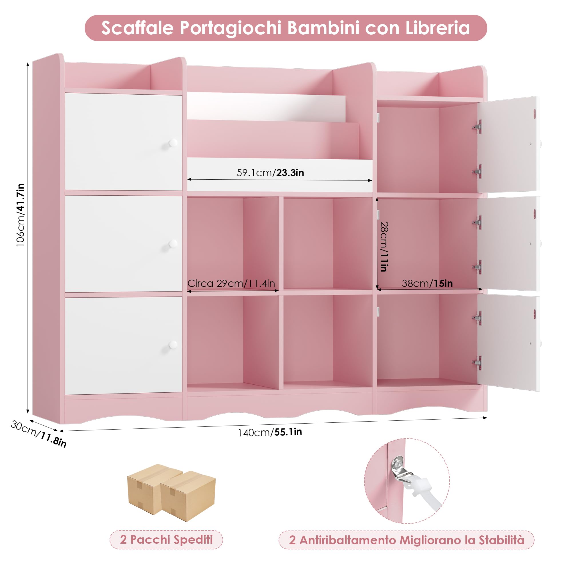 FOREHILL Organizer Giocattoli, Porta Giochi Bambini a 6 Scomparti con Ante, Mobile Porta Giochi a 4 Vani Portaoggetti Aperti, con Portariviste, per Cameretta e Sala Giochi, 140x30x106 cm (Rosa)