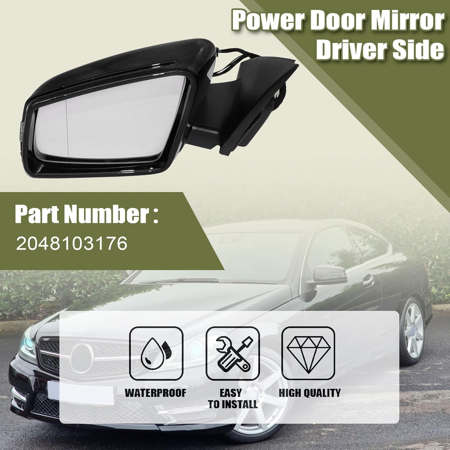 Priprilod Exterior Mirror Black Driver Left Side Fit For Mercedes-Benz C63 AMG C250 C300 C350 2010-2014 Automatic Dimming, Heated, Side View, In-housing Signal Light, With Puddle Light #2048103176