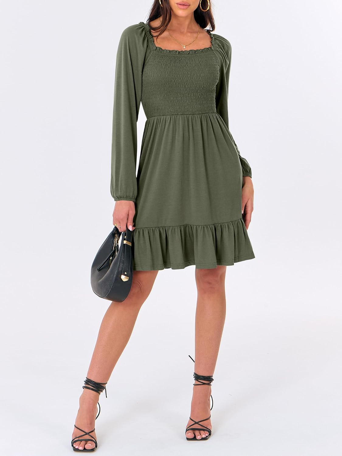 ANRABESS Womens Long Lantern Sleeve Square Neck Dress Smocked Tiered High Waist Ruffle Flowy Swing 2026 Spring Short Dresses - Image 6