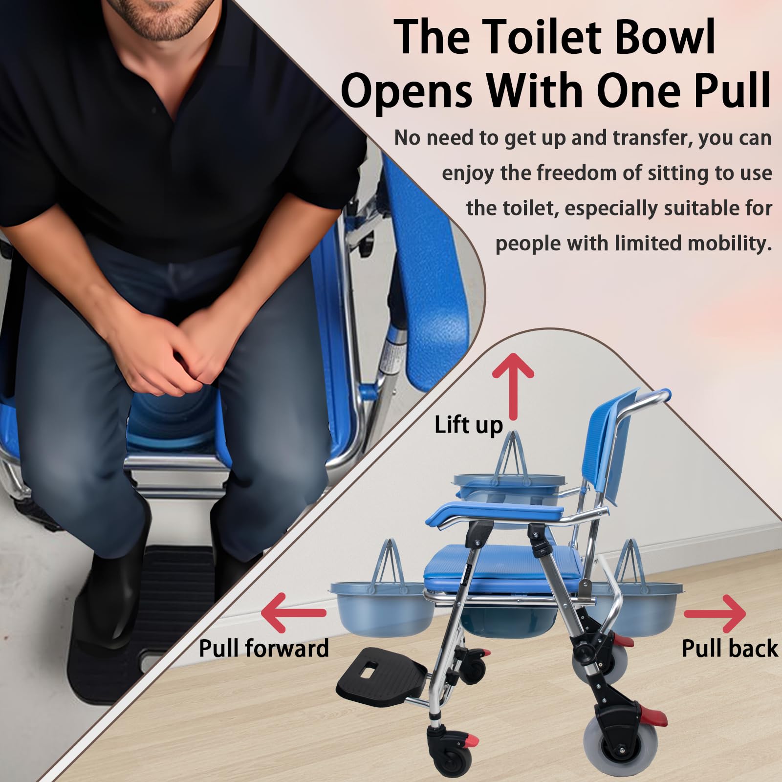Sedia Comoda WC per Anziani con Rotelle, 3-in-1 Sedia a Rotelle con WC per Anziani Pieghevole, Blu Sedia Doccia Disabili con Ruote, Lega di Alluminio Impermeabile