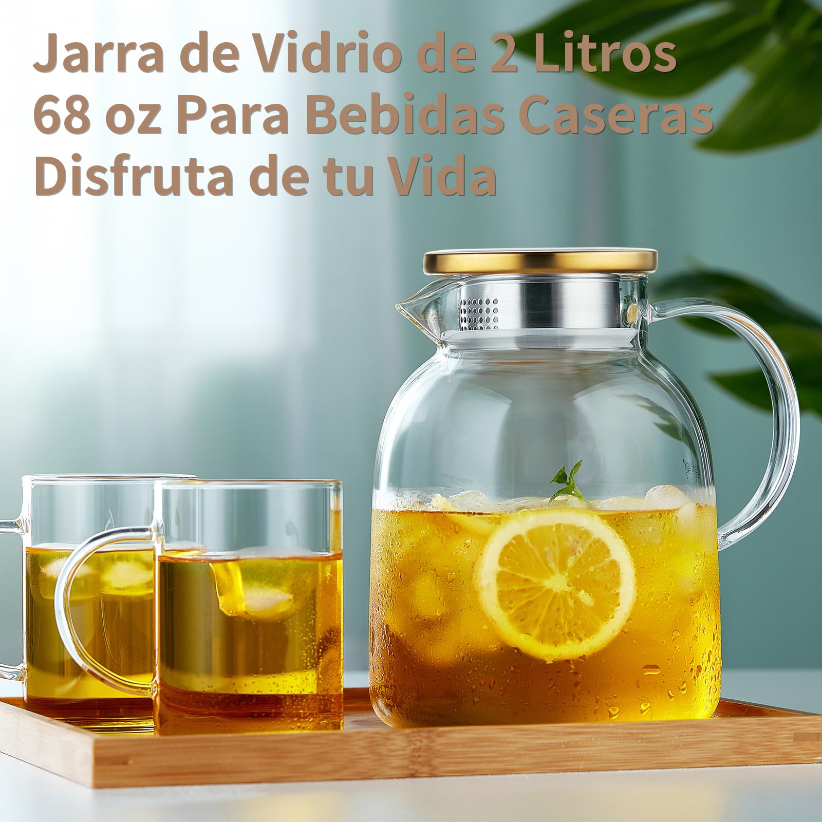 MESNEY Tetera de vidrio de 2 litros con infusor, vidrio de borosilicato resistente al calor, infusor de tetera para té suelto, colador y tapa 2 en 1, apta para estufa