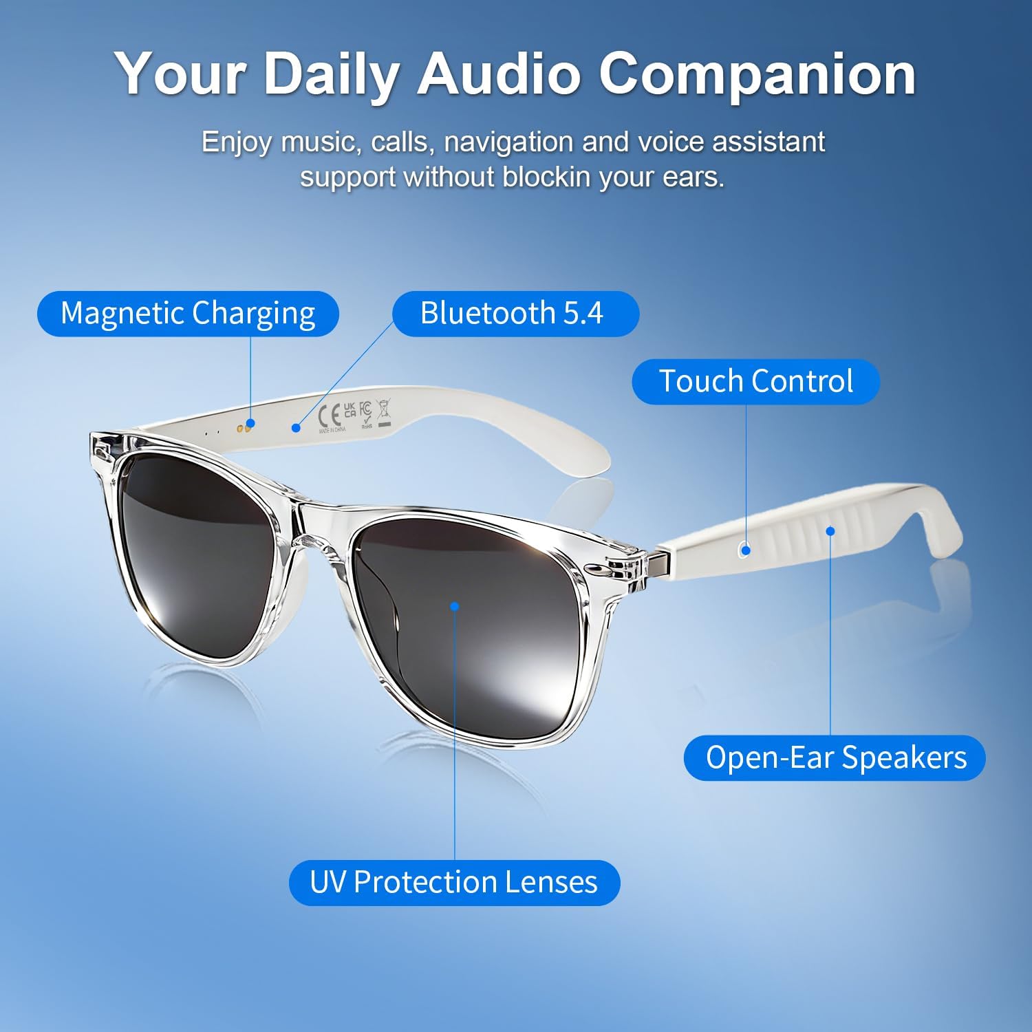 Bluetooth AI Smart Glasses, Audio Glasses for Music & Calls, App-Based AI Translation, Voice Assistant, Light AI Wearable Tech Glasses for Men/Women, Clear Frame Smart Sunglasses for Travel/Commuting