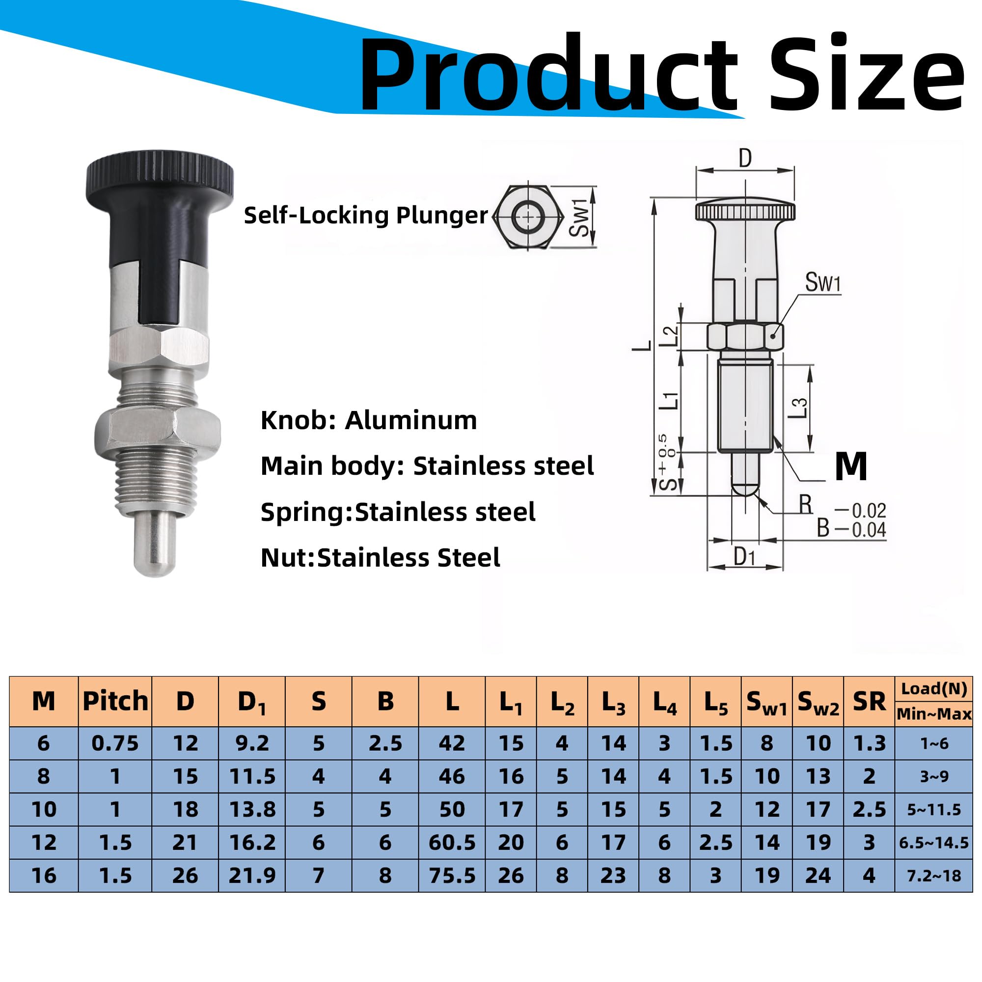 Vleant 2 Pcs M8 Stainless Steel Self-Locking Knob Spring Plunger with Spring Loaded Pin, Push Pin, and Push Plunger Lock for DIY Locking