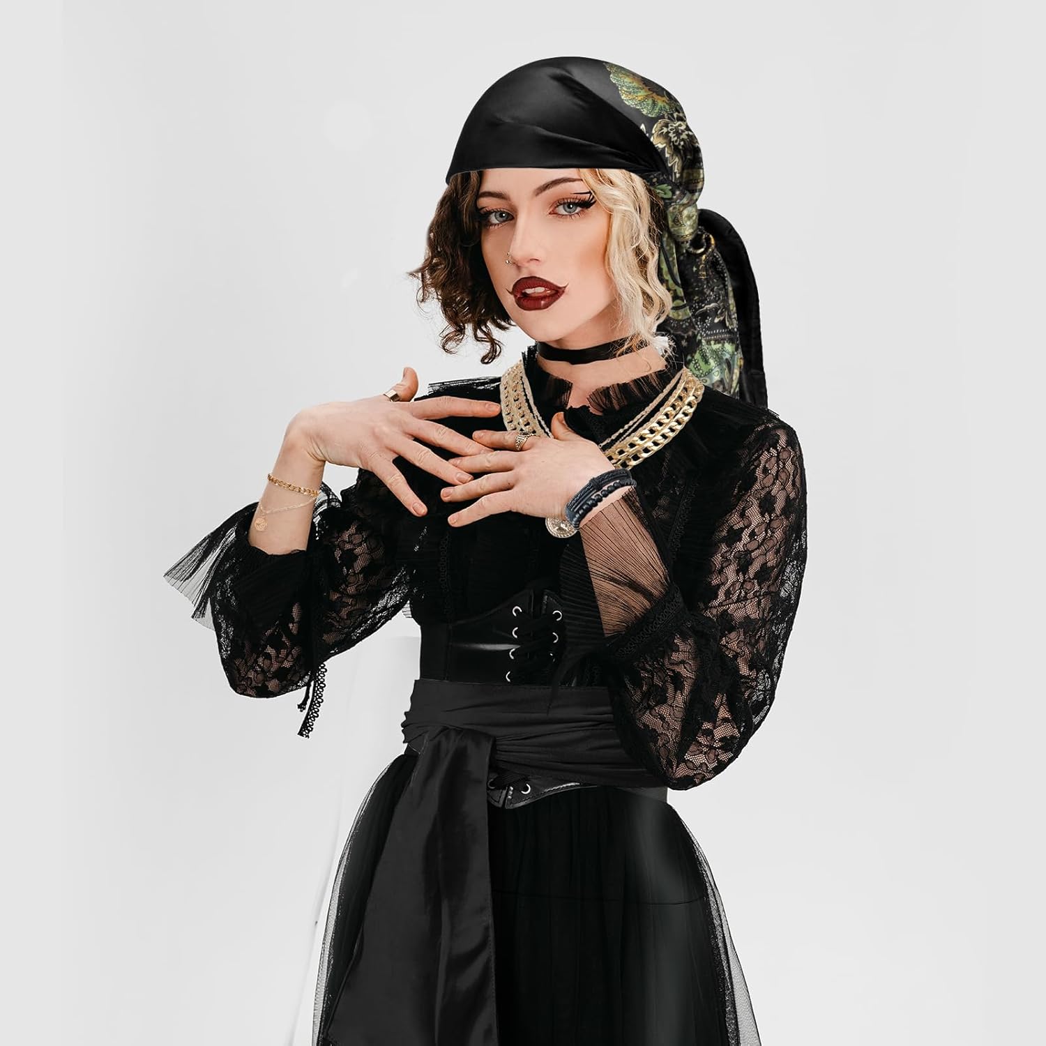 Pirate Costume Accessories Set for Women Pirate Head Scarf Pirates Sash Belt Necklace Bracelets Eye Patch Earrings Dress Accessories for Cosplay Party Dress-Up Ren Faire Carnival - Image 6