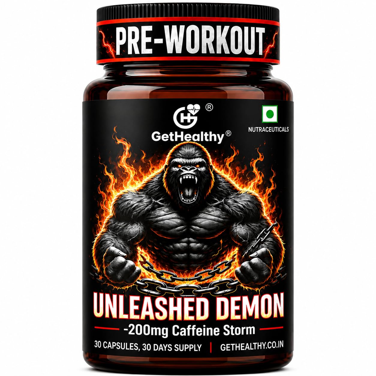 GetHealthy Unleashed Demon | 200mg Caffeine Pre-Workout Storm | Niacin Flush | Hardcore Energy & Focus for Explosive Workouts | Clinically Proven Ingredients | 30 Day Supply | Vegan-image-5