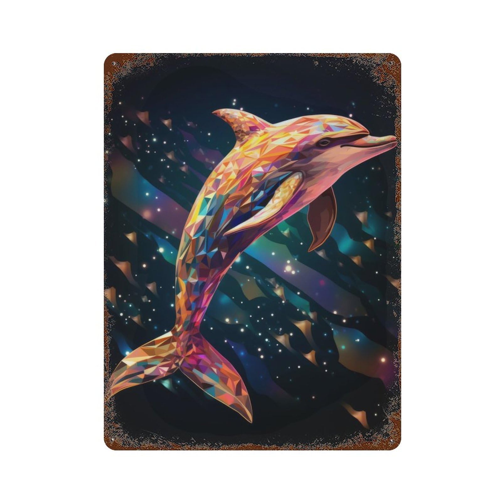 Geometric Dolphin Vintage Wall Sign 15.7"x11.8", Rust Effect Metal Decor for Basement, Hobby Room And Garage Decor