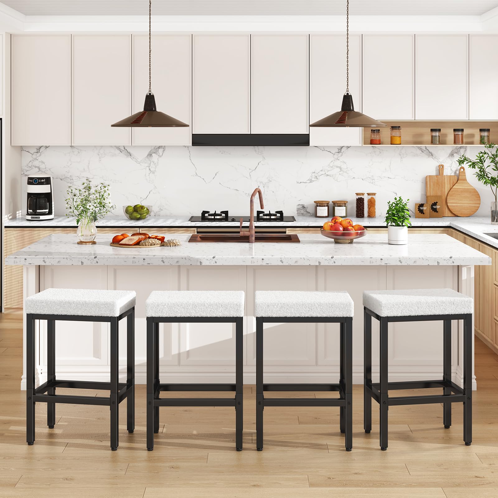 YMYNY Taburetes Altos de Cocina, 66 cm Taburete Cocina Alto, Blancos Taburetes de Bar con Pata de Metal, Silla Alta para Isla Cocina, HBS514W-2