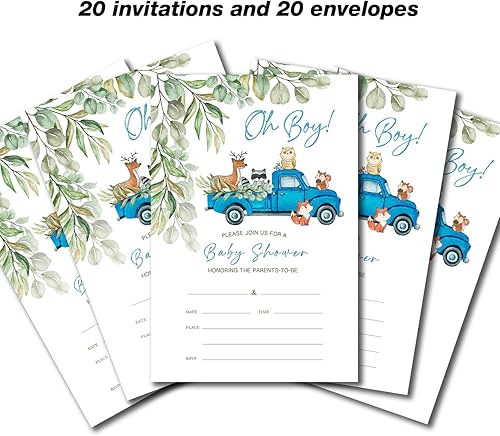 Miniatura 4 de YIDOU Woodland Blue Truck Boy Baby Shower Invitaciones para fiesta de Greenery Woodland Animal Rellenar tarjetas de invitaciones 20 invitaciones y