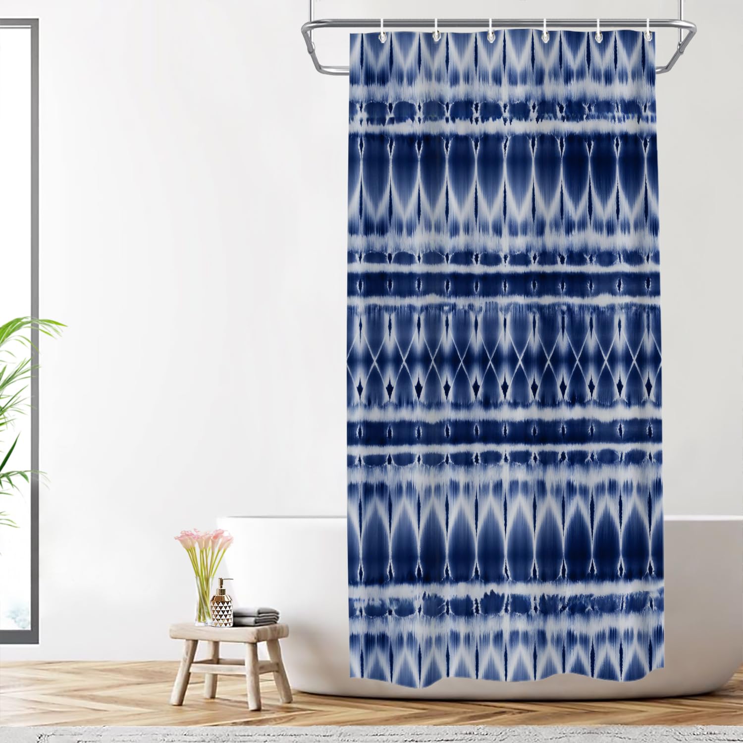 Rideau de douche anti éclaboussures bleu tie dye pour petite cabine de douche