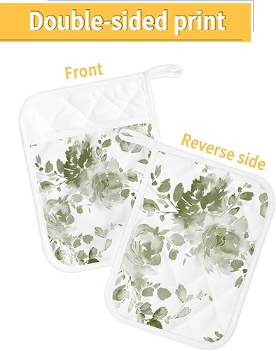 Miniatura 2 de Juego de 4 agarraderas de tela de toalla con bolsillo y diseño de hojas verdes salvia, antideslizantes y aislantes de calor, con bolsillo, guantes