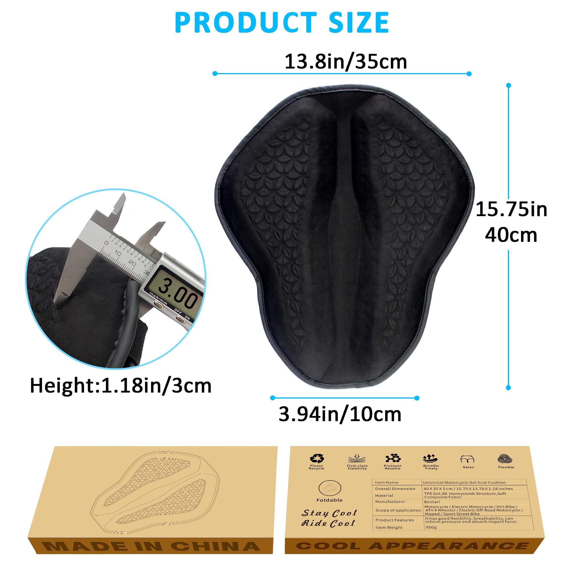 Cuscino per moto in gel per moto universale migliorato fessure di ventilazione 3D struttura a nido d'ape, traspirante e assorbimento degli urti, morbido e confortevole per lunghi viaggi