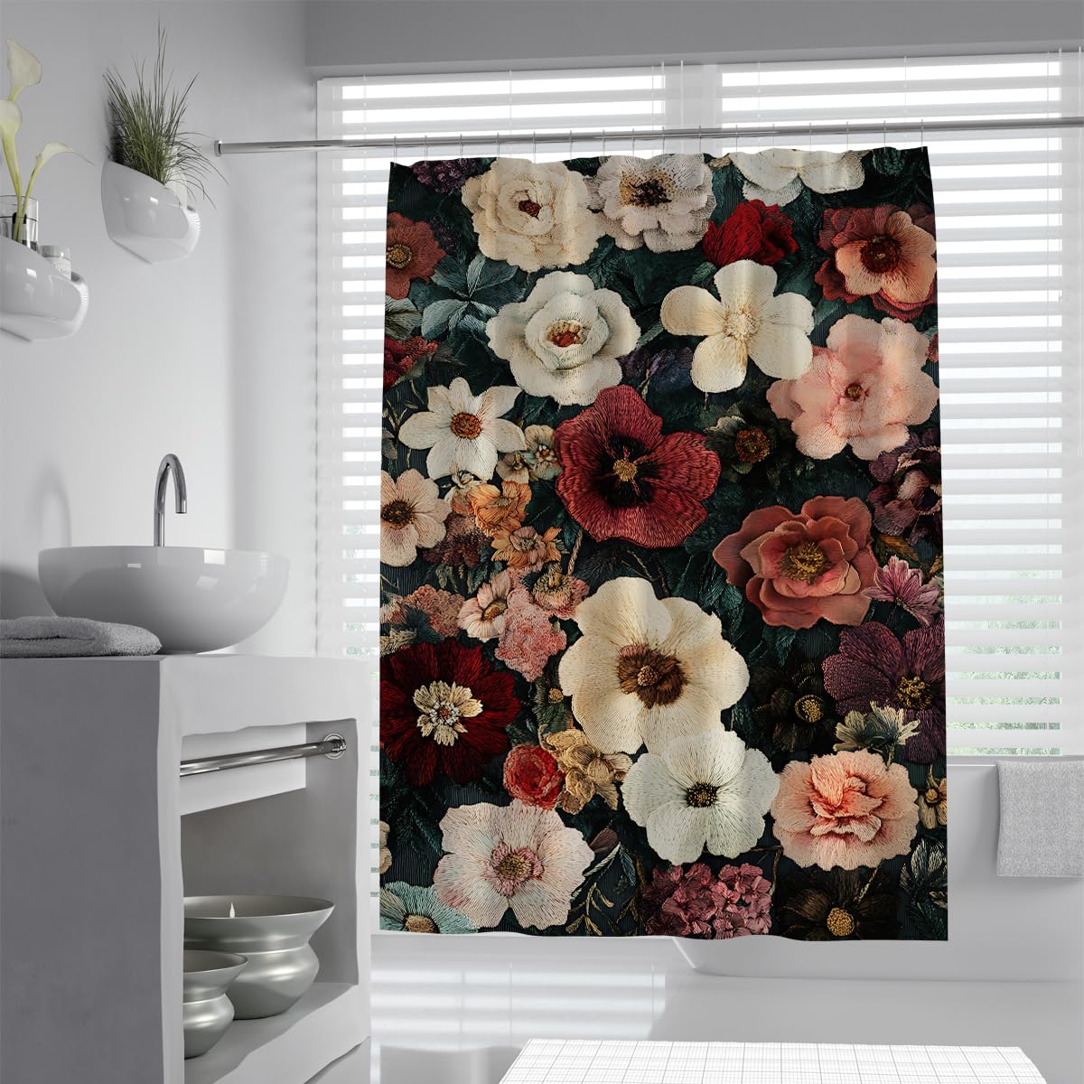 UIRINGART Elegant Goth Floral Shower Curtain W120xL180cm Dark Red White Rose Pattern Mildew Resistant Water Repellent Bath Curtains Walk In Shower With Hooks
