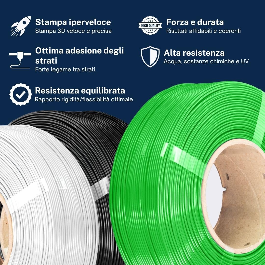 Filamento di Ricarica AzureFilm PETG Hyper Speed da 10 kg, 1,75 mm – Senza Bobina – 1kg/ricarica – Per Stampa 3D ad Alta Velocità – Resistente, Durevole, Anti-umidità (MIX)