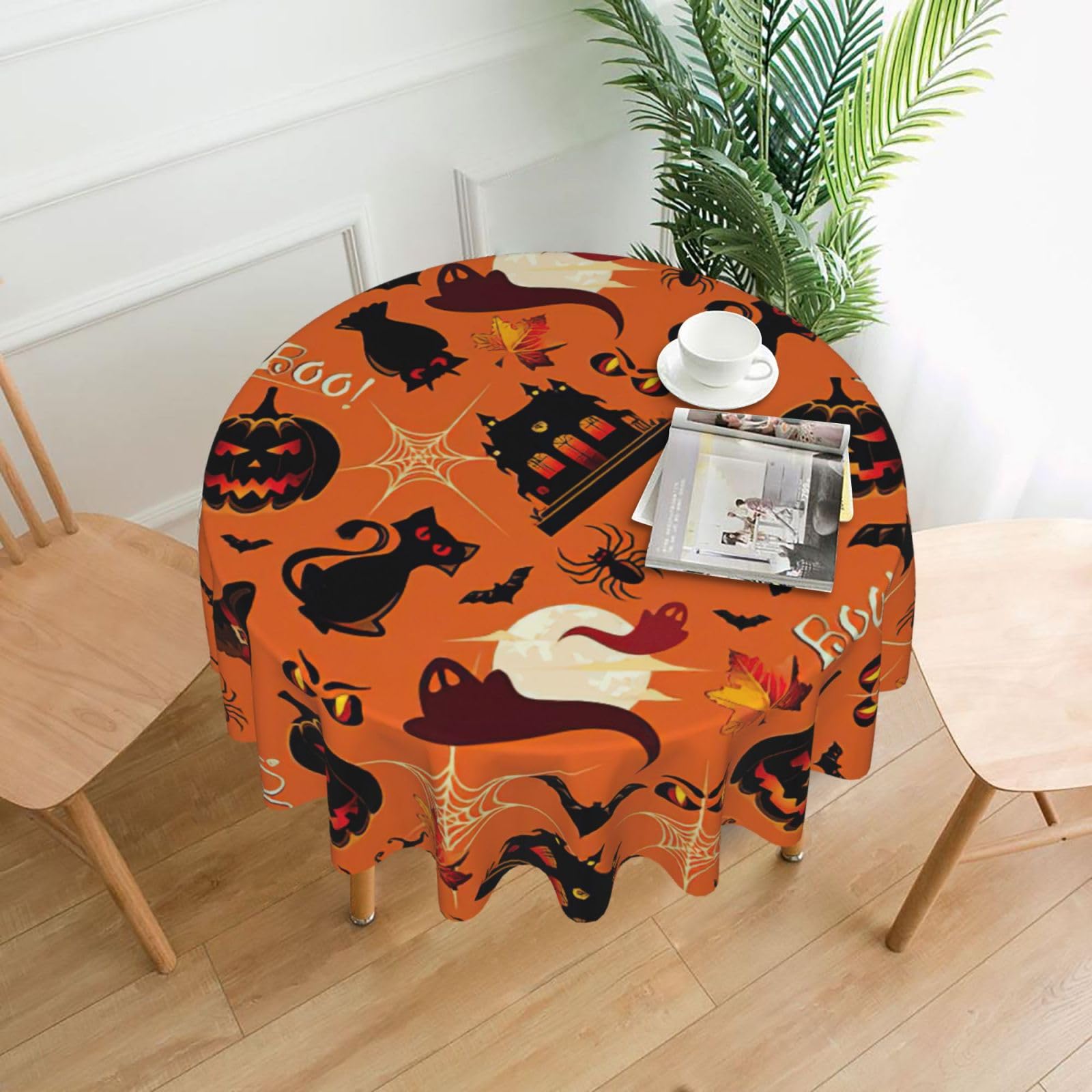 SDEGTHO Halloween Print Modern Retro Round Tablecloth 60in Polyester Fabric Cover for Party Dining Table Washable