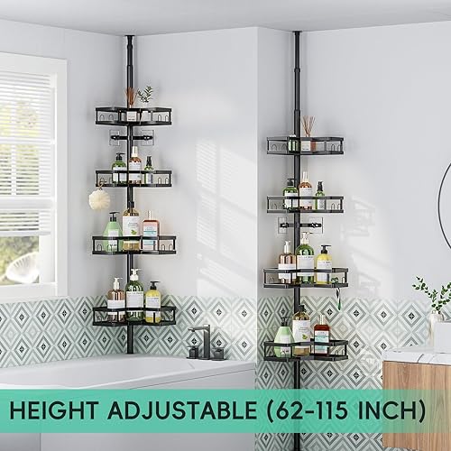 Miniatura 3 de HEVEL Poste de tensión esquinero para ducha, organizador de ducha ajustable de 62 a 115 pulgadas, estantes de ducha inoxidables para baño, color