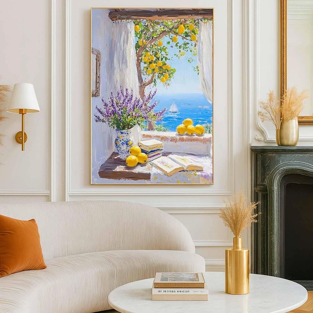 Gosrd Frameless Canvas Prints Window Painting Lemon And Ocean View Wall Art Posters, Modern Home Decor(60X85cm)